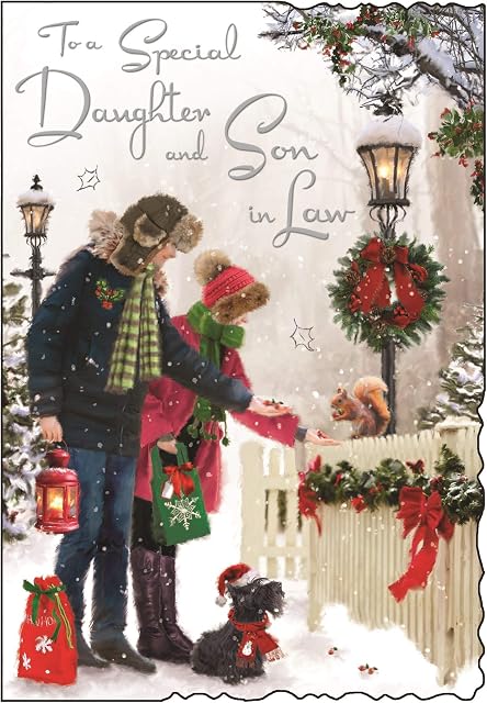 Jonny Javelin Christmas Card (JJ-XVC047) - Daughter & Son-in-Law - Feeding a Squirrel - Velvet Cheer Range