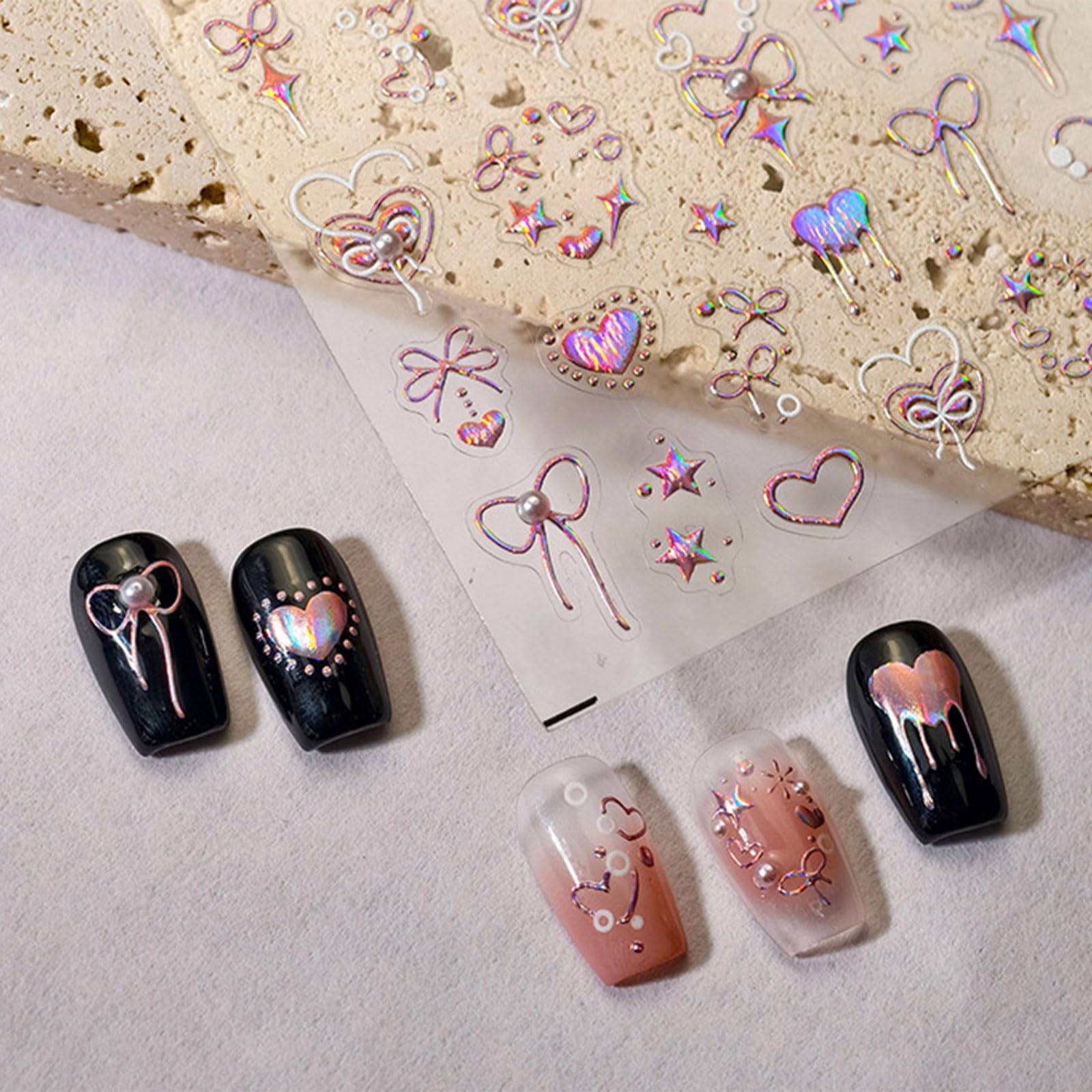 JMEOWIO 3D Nagelsticker Mit Herz, Schleife & Stern – Selbstklebend Für Tolle Nailart