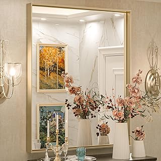Keonjinn Brushed Gold Bathroom Mirror 30 x 36 Inch, Metal Framed Rectang...
