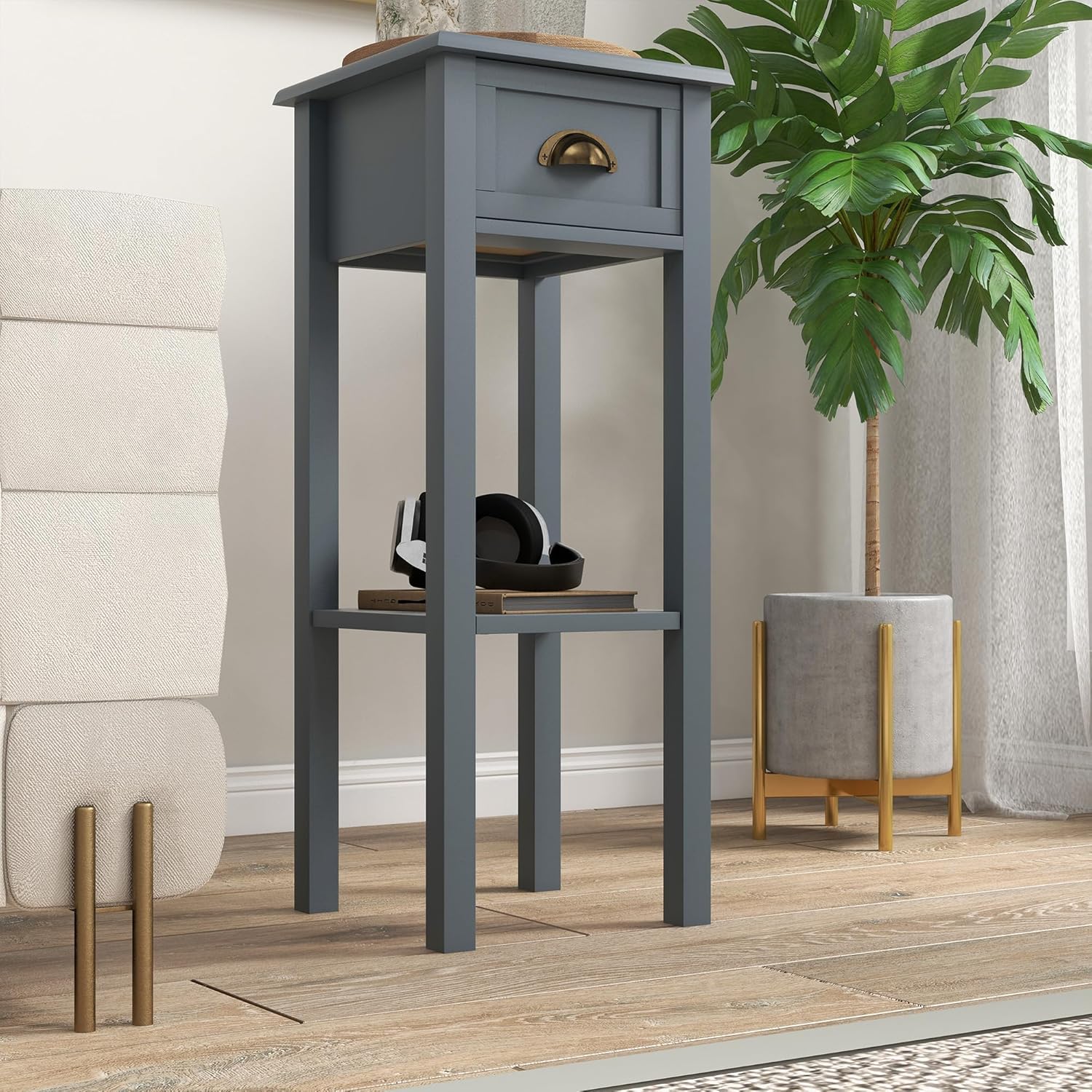 HOMCOM Narrow End Table with Drawer and Bottom Shelf, Slim Side Table for Small Spaces, Skinny Modern Accent Desk for Living Room, Set of 2, Gray