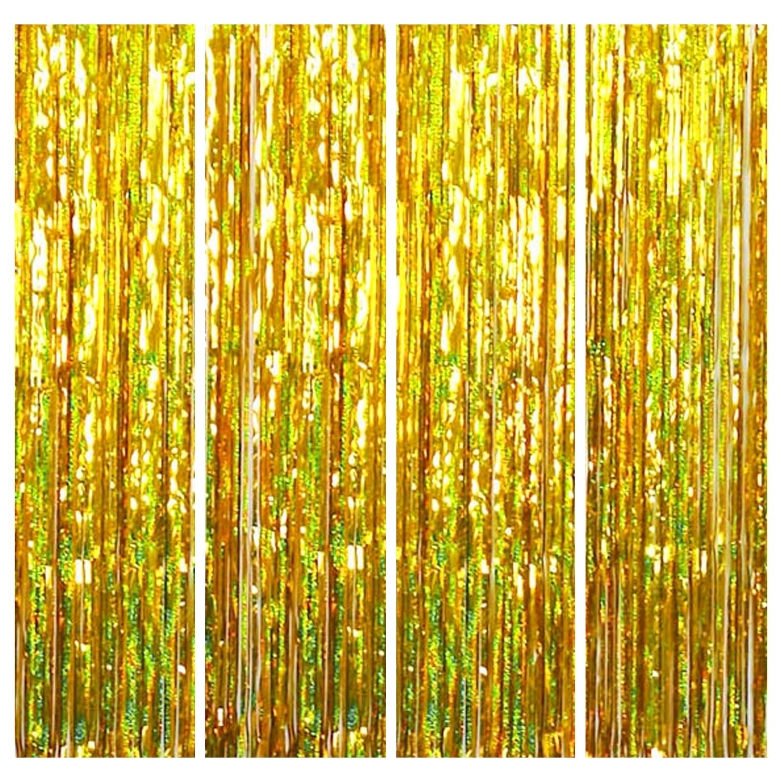 4pcs Gold Laser Foil Curtain, 3.2ft x 6.5ft Gold Laser Tinsel Curtains, Metallic Tinsel Streamers Backdrop, Laser Glitter Party Curtain, Tinsel Foil Fringe Curtains, Glitter Party Curtain For Party
