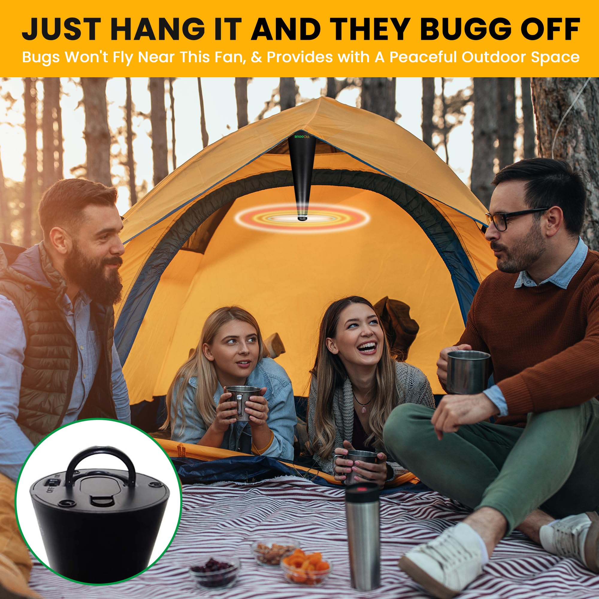 BUGGOFF - Ventilador repelente de insectos voladores y moscas negras con cuchillas dobles, mesa y colgante, funciona con pilas USB C, cable incluido. Cuchillas seguras con parada automática, paquete