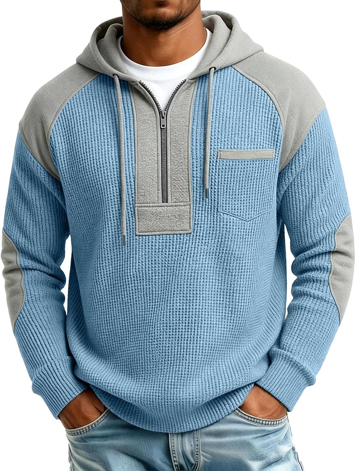 Men's Waffle Knit Quarter Zip Hoodie Pocket Casual Pullover | Waffle Knit Hoodie With Quarter Zip Placket, Drawstring Hood, Chest Pocket, And Casual Fit Fall Outfits