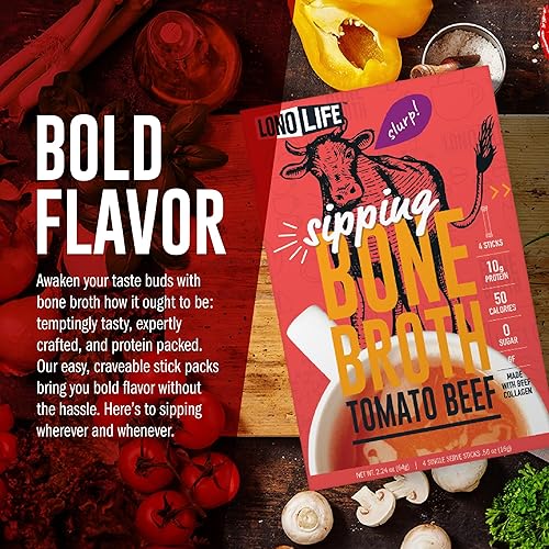 Miniatura 6 de LonoLife Palitos de caldo de hueso de res con sabor a tomate 0.35 oz de proteína, apto para dieta cetogénica, 10 porciones portátiles