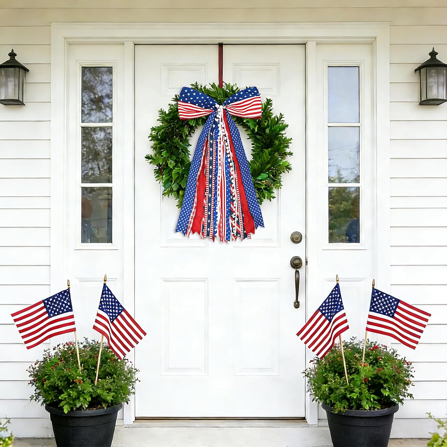 4th of July Decorations - Patriotic Wreath Sash Bow 27x13 Inch - Memorial Day Decor - American Flag Ribbon Bow for Front Door - Fourth of July 250th Anniversary Patriotic Decoration for Indoor Outdoor