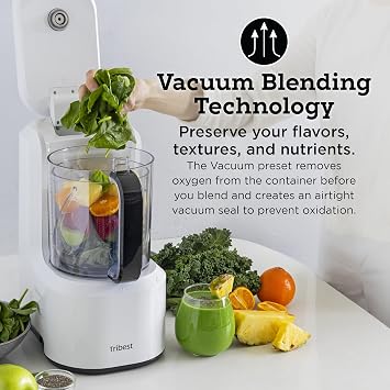 Tribest Backspin Contra-Rotating Impact Blender & Food Processor with Vacuum Technology, No Tamper Required, Blend Without Liquid Dilution, 7.5 Cups, 900W Motor, Magnetic Blades, White, BSA-1WH-B