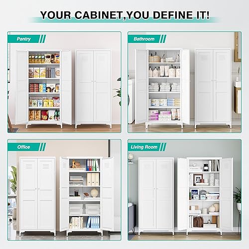 Miniatura 5 de SISESOL Armario de almacenamiento de metal con puertas y estantes, armario de almacenamiento blanco con patas y orificio de ventilación, armarios de