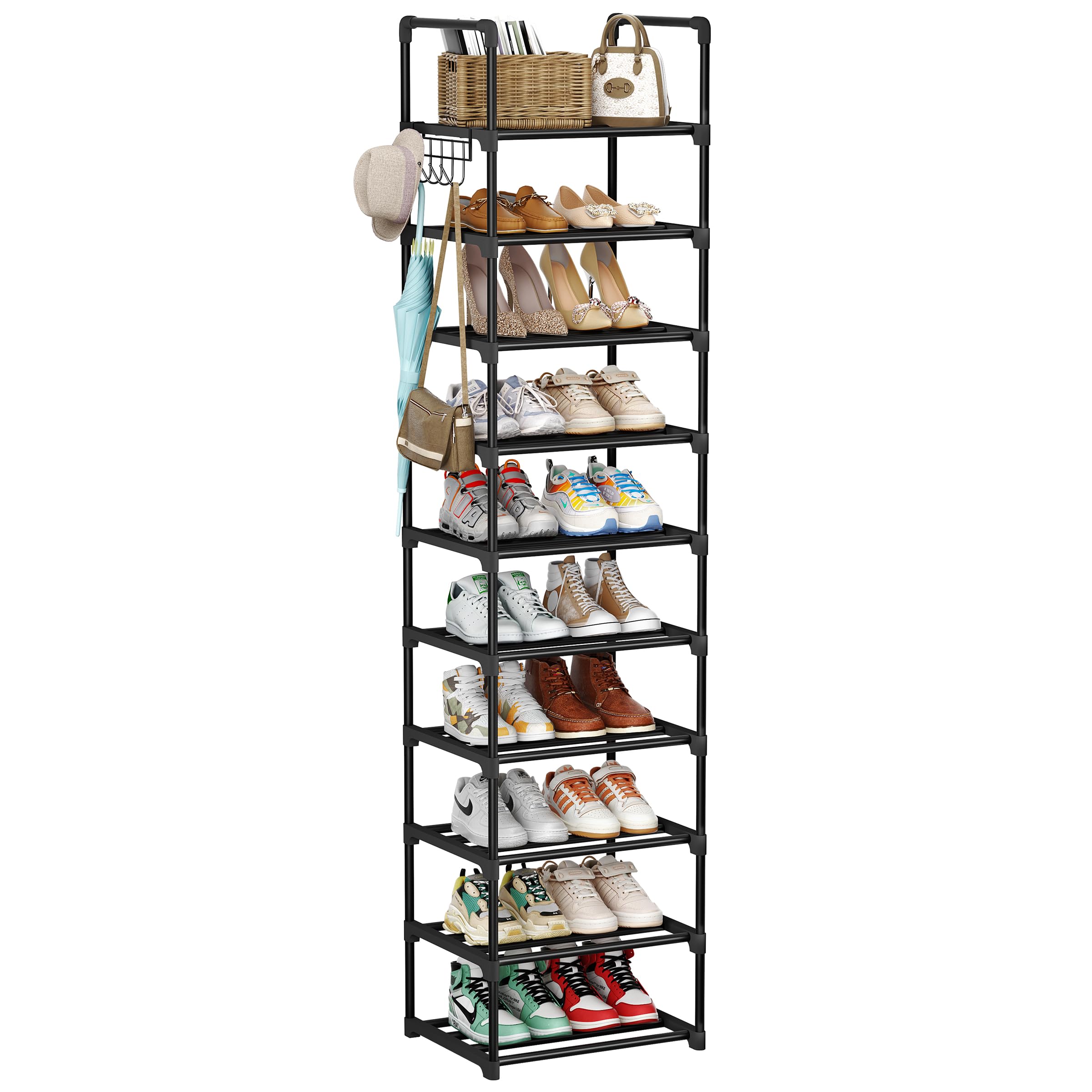 10 Tier Shoe Rack, Shoe Storage Organizer with Hooks,Fit 20-25 Pairs Shoes,Metal Tall Shoe Shelf for Closet,Entryway,Garage,Bedroom,Cloakroom