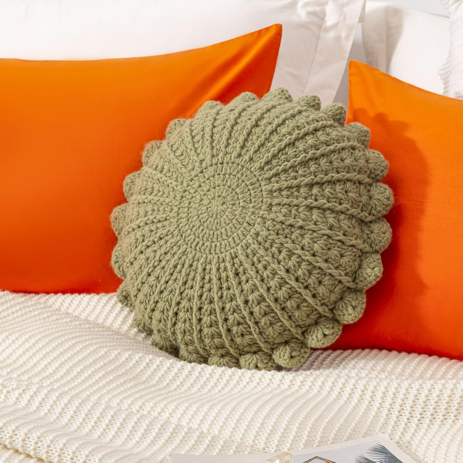 Knitted Throw Pillow Round Couch Pillow Handmade Decorative Plush Pillow Cute Cushion (Olive Green, 18inch)