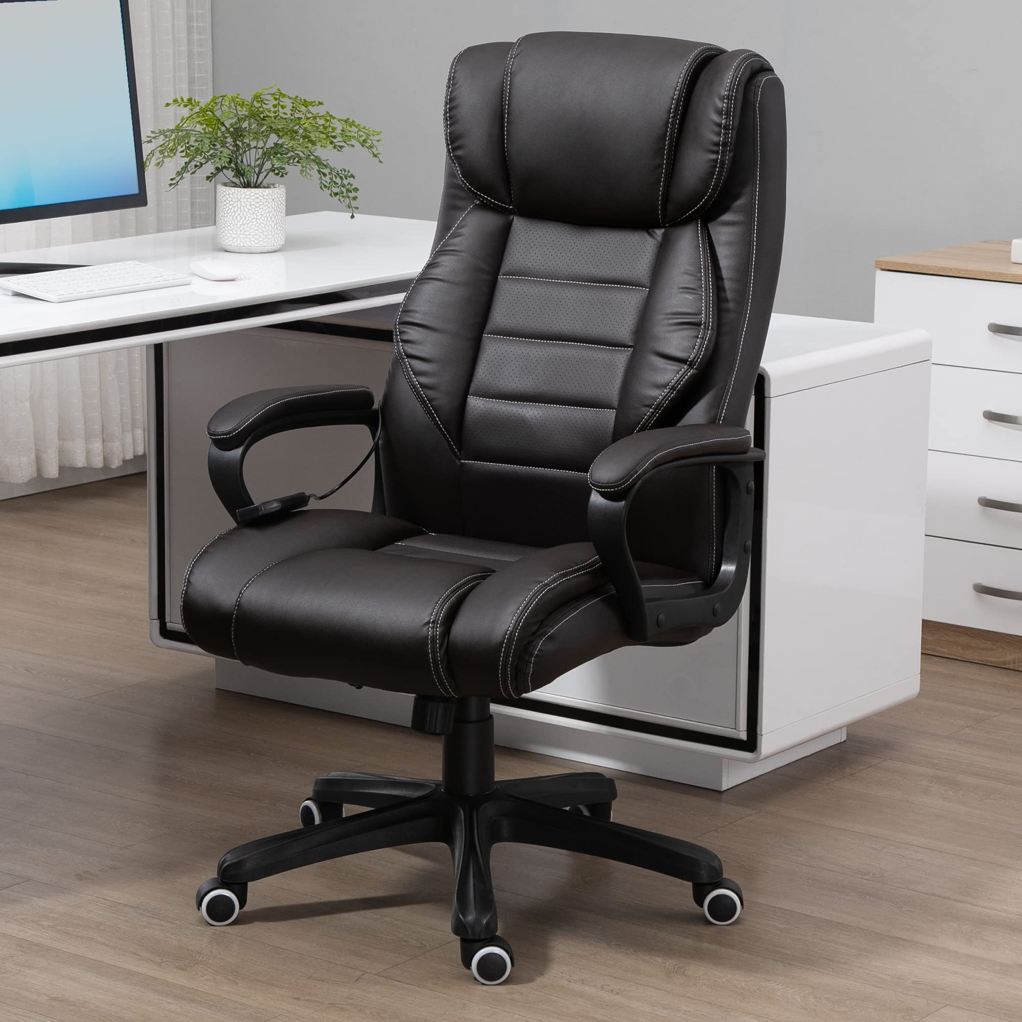 Vinsetto Bürostuhl mit Massagefunktion, Ergonomischer Chefsessel mit Vibrationsmassage, Wippfunktion, Höhenverstellbarer Schreibtischstuhl Drehstuhl, Braun