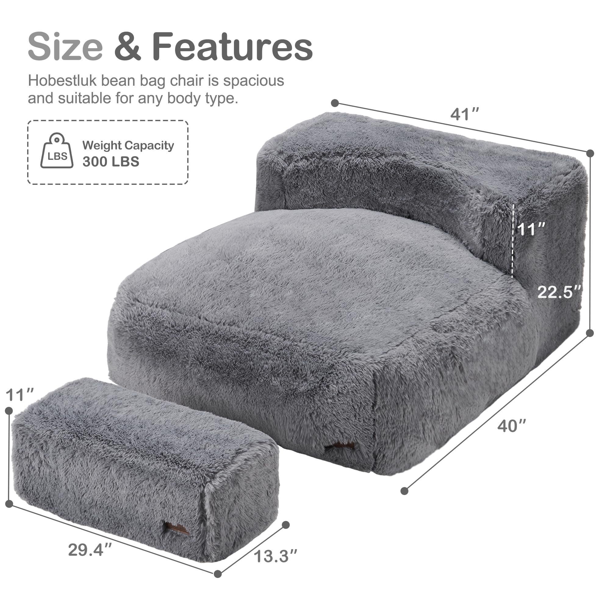 Hobestluk Big Bean Bag Chairs with Ottoman Large Bean Bag Chair for Adults Plush BeanBag Foam Chair Lazy Sofa with Footstool for Living Room, Bedroom, Apartment(Grey)