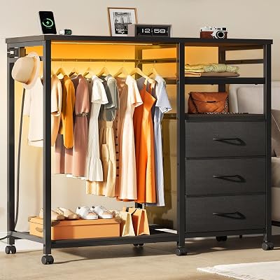 WLIVE Black Dresser with Hanging Rack for Bedroom, 3 Drawer Dresser with LED Lights & Charging Station, Fabric Dressers & Chest of Drawers, Storage Organizer with Open Shelves for Living Room