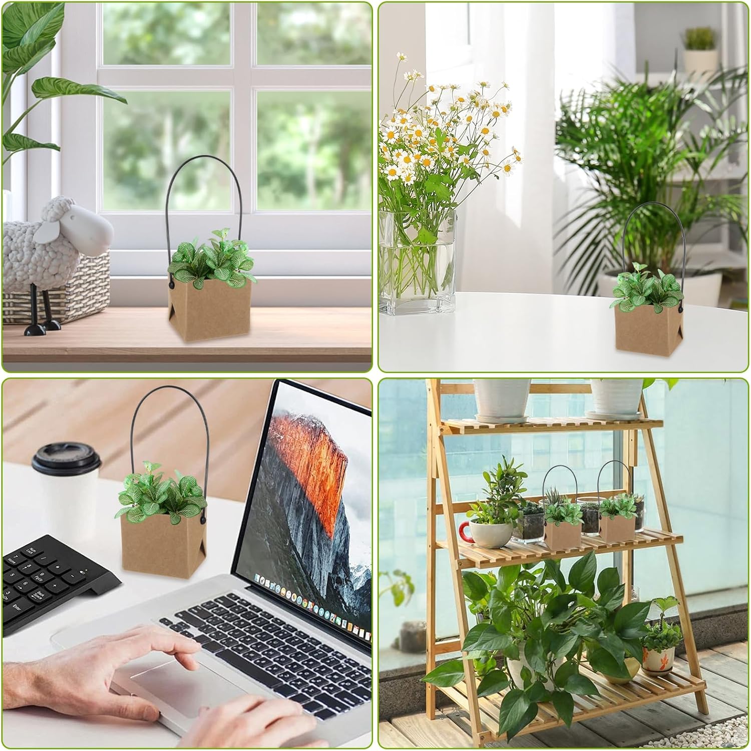 CYEAH 150 Pcs Succulent Wrap Bags, 2.2 inch Succulent Wrap Bulk Fits 2″ Pots, Succulent Gift Wrap Bag with Plastic Handle, Small Kraft Paper Gift Box for Wedding, Baby Shower, Party Favors for Guests - Image 5