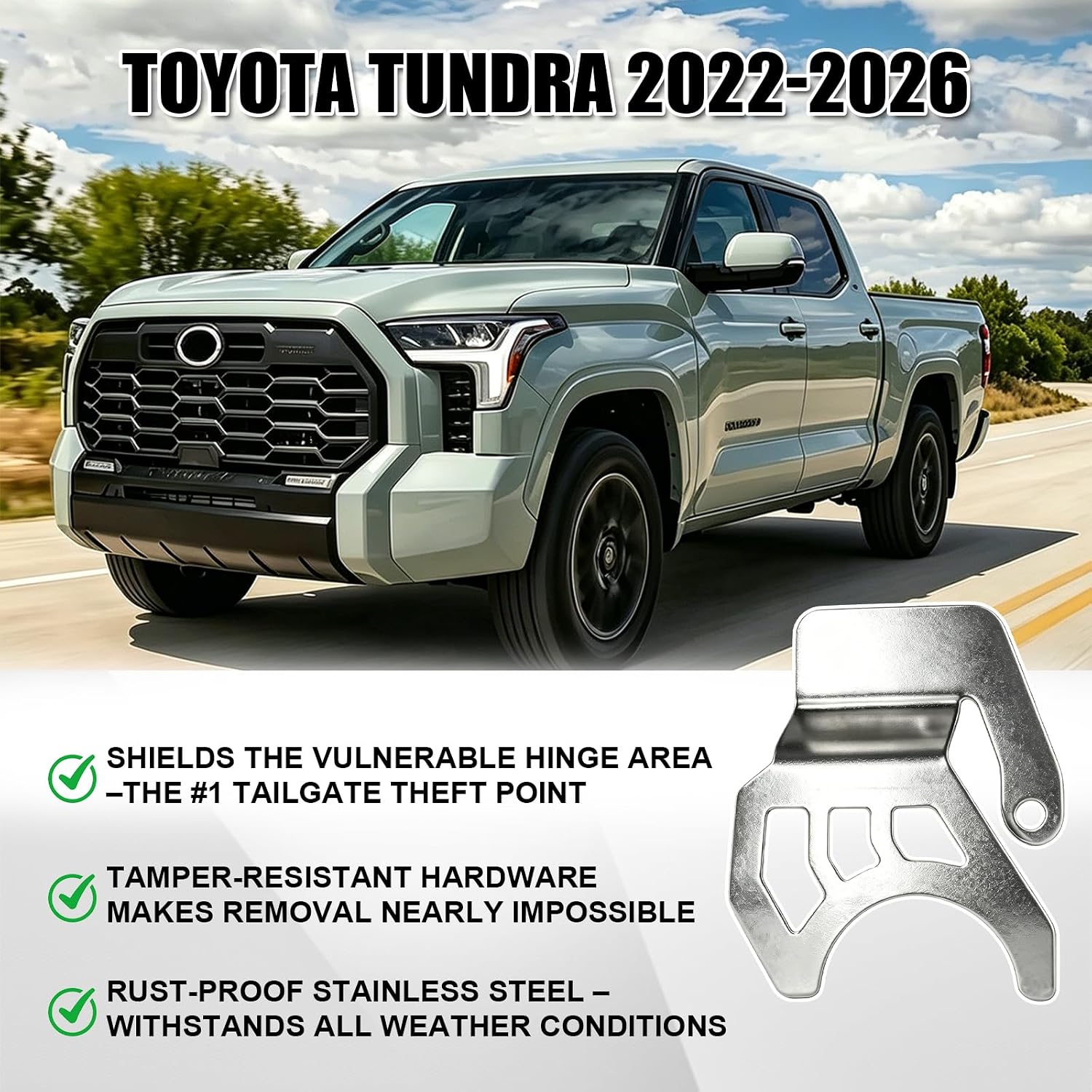 Tailgate Anti-Theft Lock for Toyota Tundra 2022-2026, Stainless Steel Security Guard with Drill-Free Installation, Toyota Tundra 2022-2026 Accessories