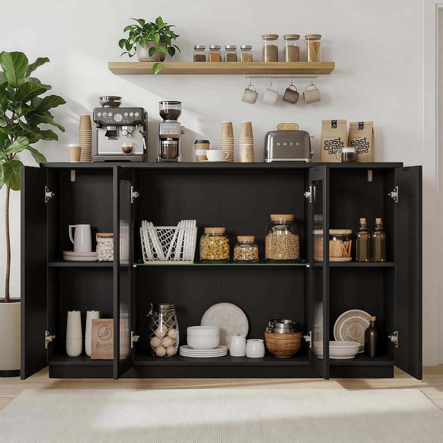 Einhomn 55" Sideboard Fluted Buffet Cabinet with Storage, Glass Doors & Led Lights, Coffee Bar Station with Adjustable Shelves, Modern Wood Cabinet for Kitchen, Living Room, Black