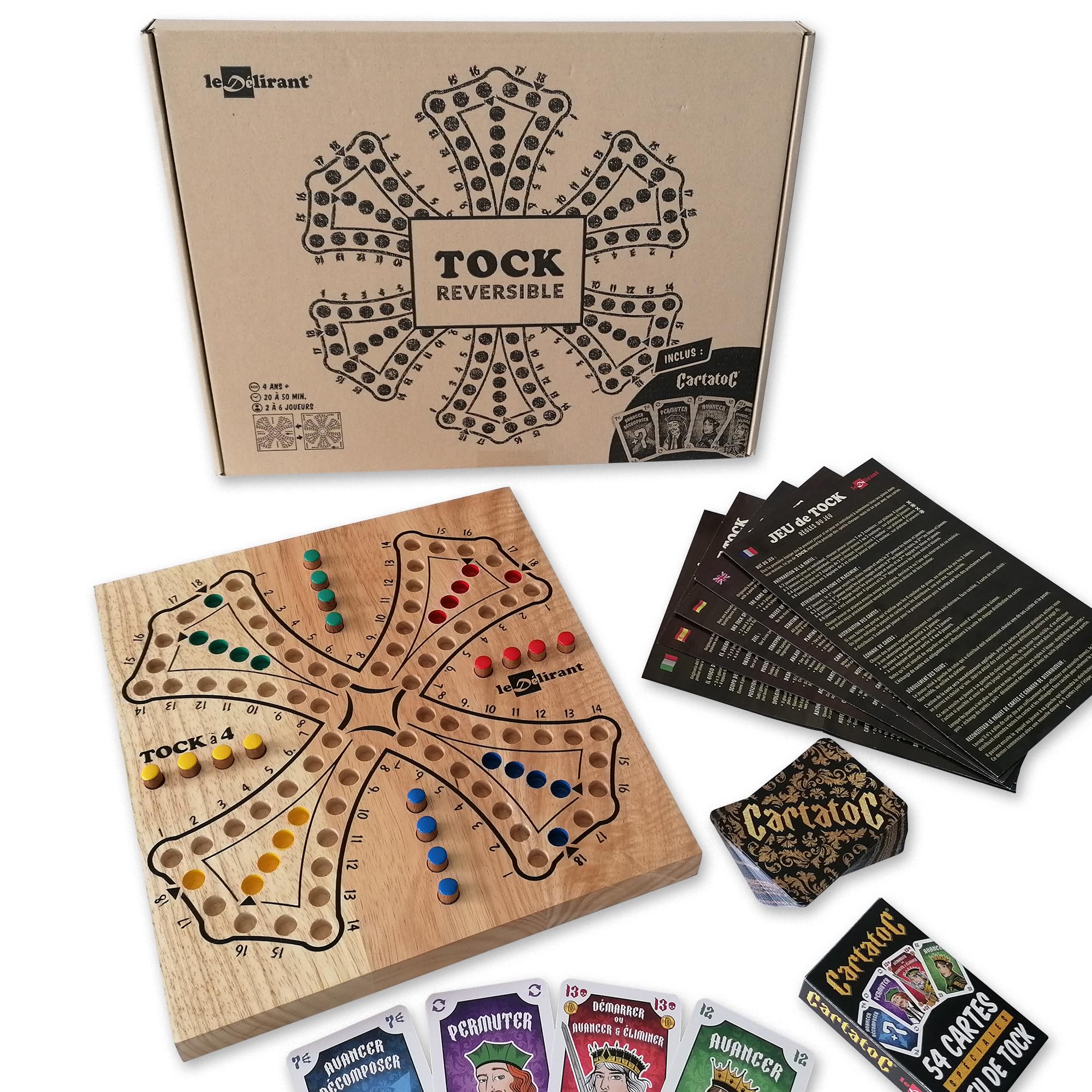 Jeu de Tock Réversible 4 à 6 Joueurs - Fabrication Artisanale en Bois d’Hévéa Massif – Marque Française - à Partir de 6 Ans - Inclus 54 Cartes CartatoC - Jeux de Société Familial.