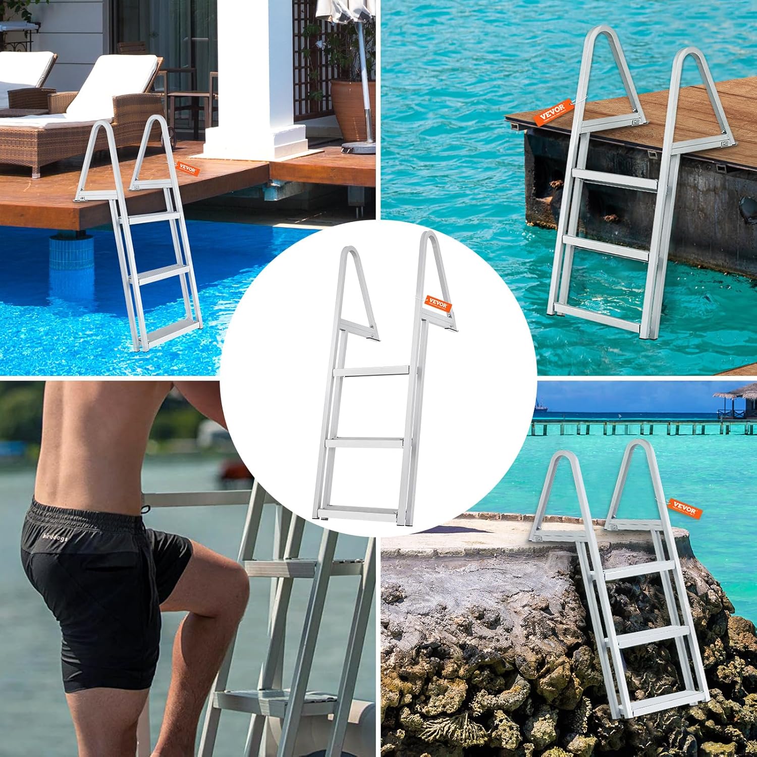 VEVOR Removable Dock Ladder 3/4/5 Steps, 350/500lbs Load Capacity, Aluminum Swim Ladders, Pontoon Boat Ladder with Nonslip Design for Lake, Marine Boarding, Pool