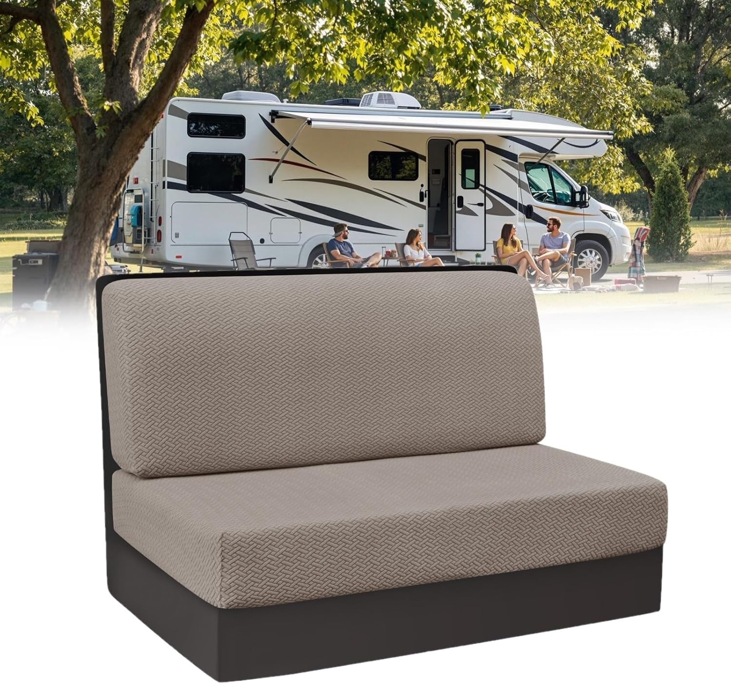 RV Dinette Cushion Cover, 1 Set Elastic Washable Jacquard Camper Car Cushion Slipcover Loveseat Sofa Seat Protector 1 Backrest and 1 Bench Cover (Khaki)