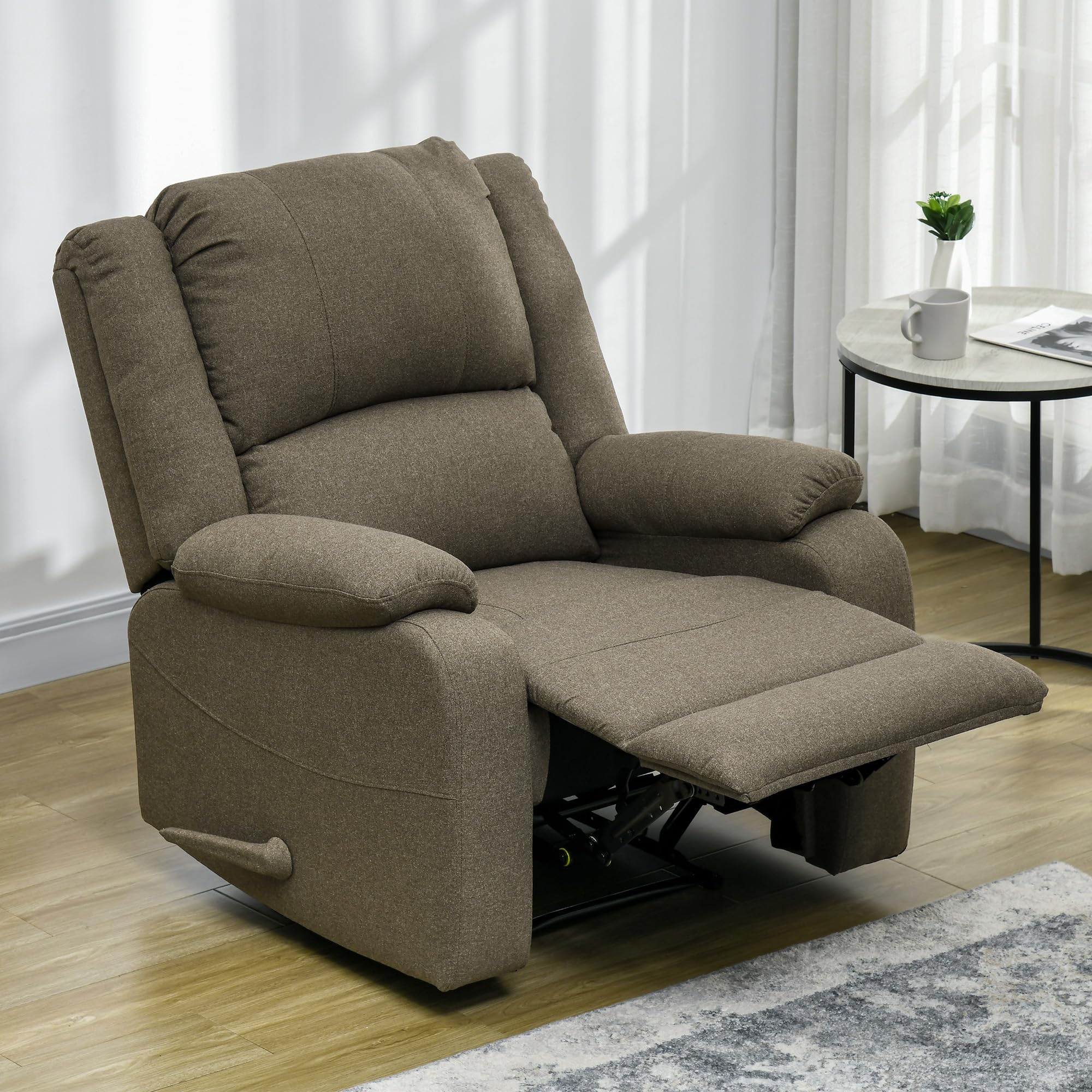 HOMCOM Fauteuil Relax Manuel Fauteuil TV avec Fonction Chaise Longue, Aspect Lin, Fauteuil TV avec poignée latérale, Repose-Pieds, supporte jusqu'à 150 kg, pour Le Salon, Marron