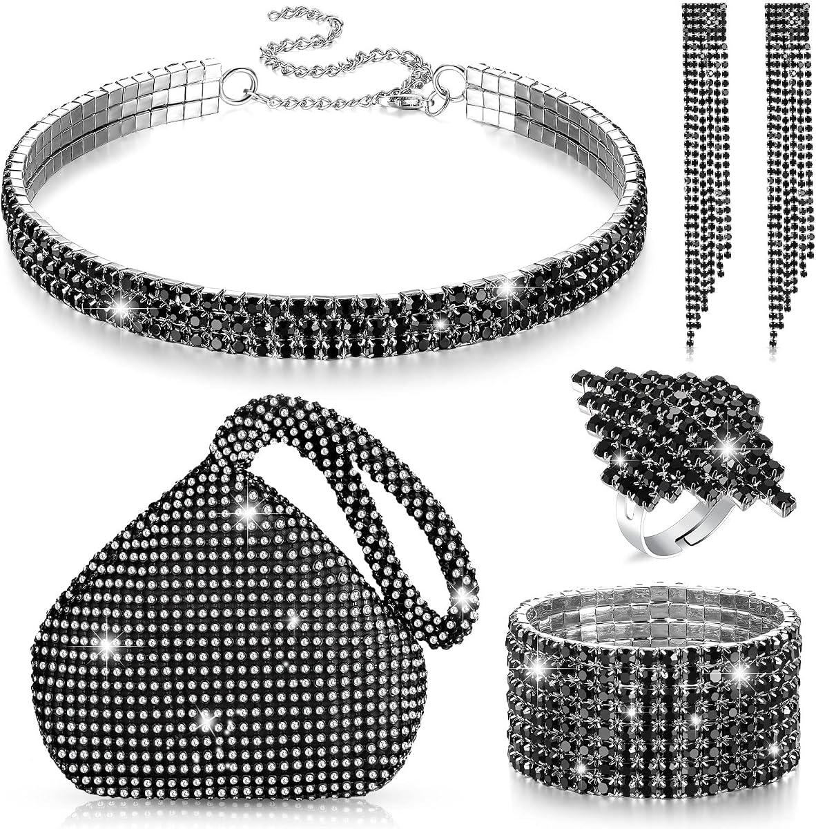 Hicarer - Juego de 5 joyas de cristal para mujer, diseño de triángulo, para boda, bolso de mano, con purpurina, estrás, gargantilla elástica, collar, pulsera, anillo, pendientes con flecos para novia y damas de honor