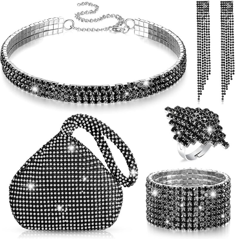 Hicarer - Juego de 5 joyas de cristal para mujer, diseño de triángulo, para boda, bolso, con purpurina, estrás, gargantilla elástica, collar, pulsera, anillo, pendientes con flecos para novia y damas de honor