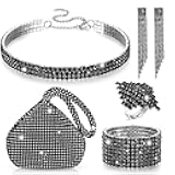 5 Pcs Women Crystal Jewelry Set Wedding Triangle Bling Evening Clutch Bag Glitter Rhinestone Stretch Choker Necklace Bracelet Ring Dangle Fringe Earrings for Bride and Bridesmaids