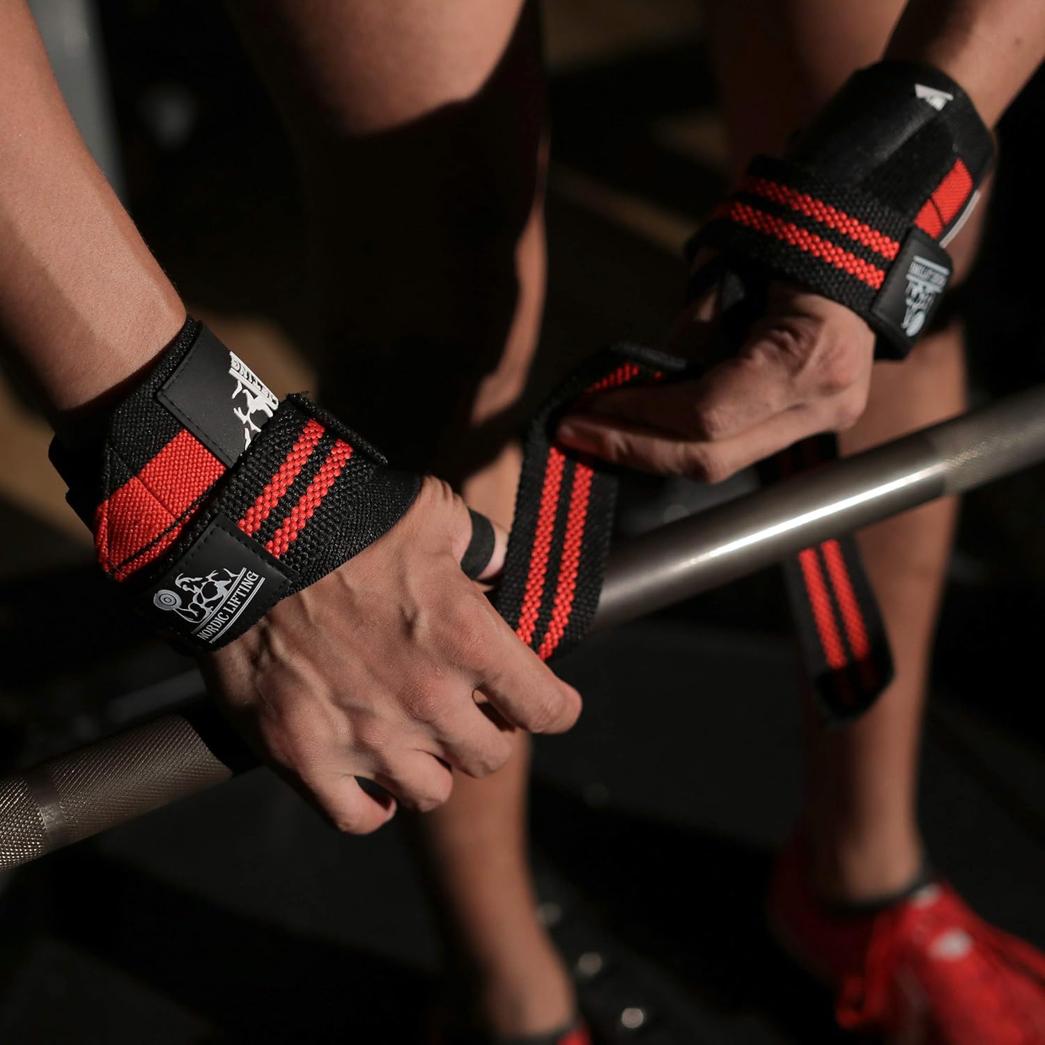 Nordic Lifting Elbow Compression Sleeves (1 Pair) Medium and Wrist Wraps + Lifting Straps (2 Pairs) Red