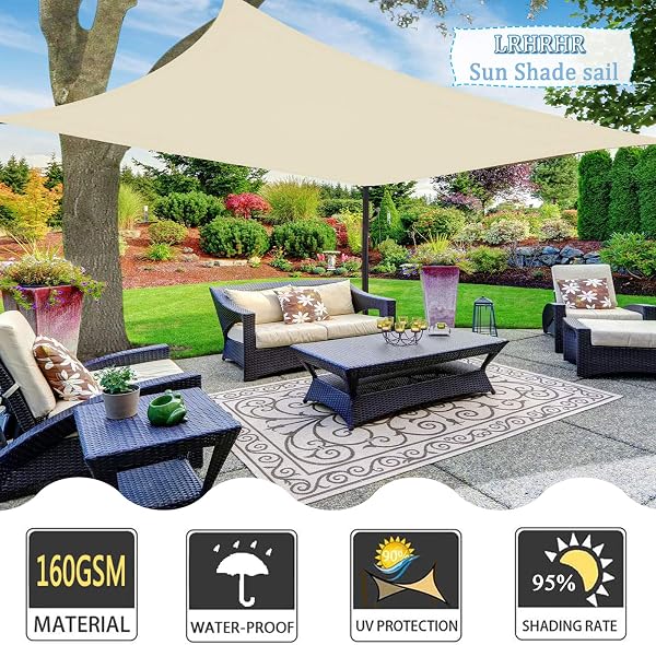 Sun Shade Sail Canopy Rectangular Waterproof UV Block Sun Shade Awning with Fixing Kit, for Outdoor Patios Garden Backyard-Cream|| 3x3m(9.8x9.8ft) - 4