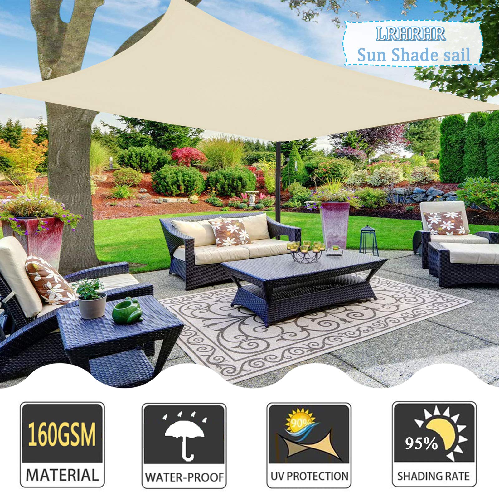 Sun Shade Sail Canopy Rectangular Waterproof UV Block Sun Shade Awning with Fixing Kit, for Outdoor Patios Garden Backyard-Cream|| 3x3m(9.8x9.8ft) — view 4