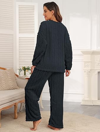 Pajamas for Women Sets Soft Comfy Fluffy Pajama Fleece Pullover Ribbed Pjs Warm Plush Lounge Sleepwear 2 Piece