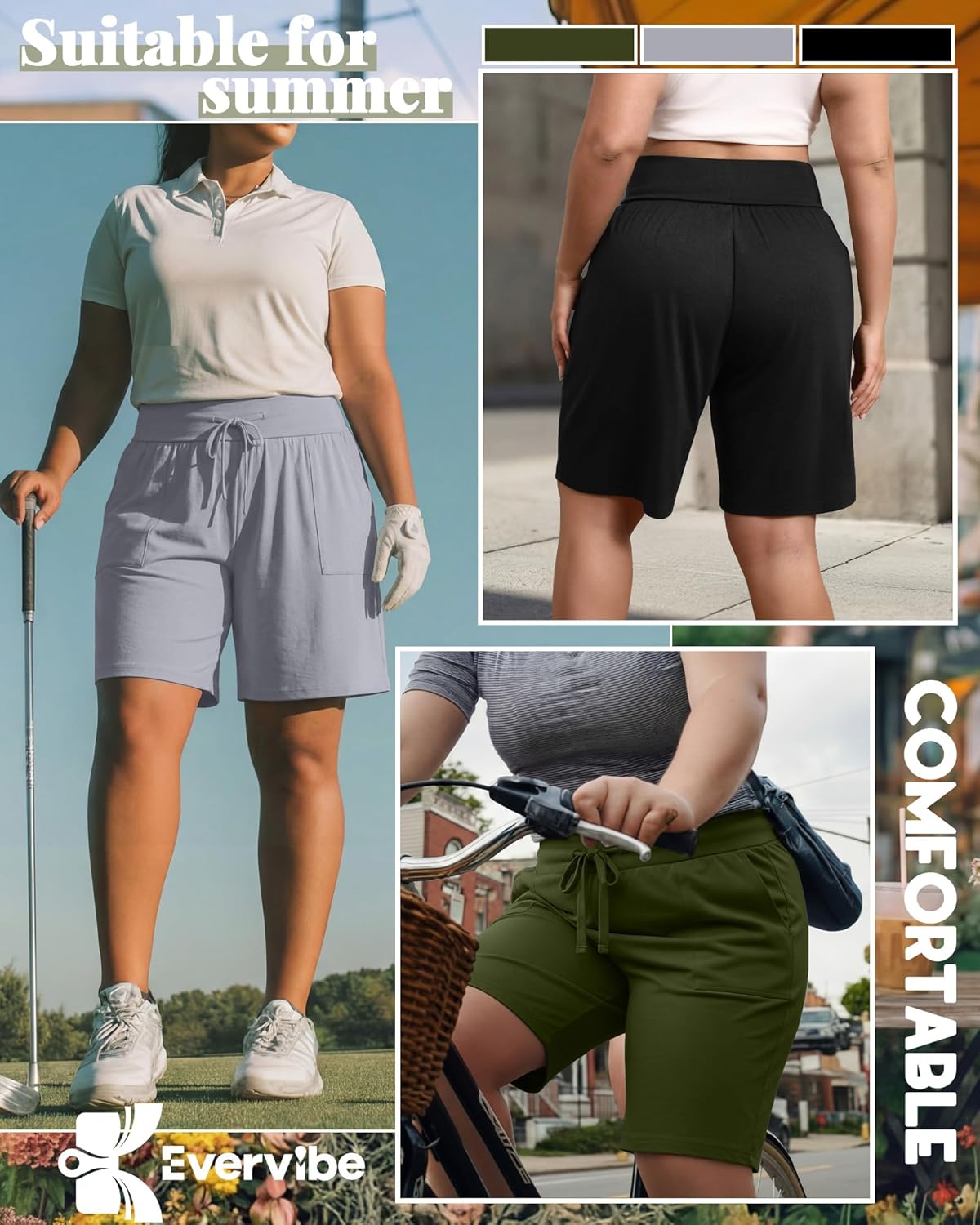 3 Pack Women's Plus Size Bermuda Shorts Drawstring High Waisted Long Yoga Casual Athletic Bottom with Pockets - Image 6