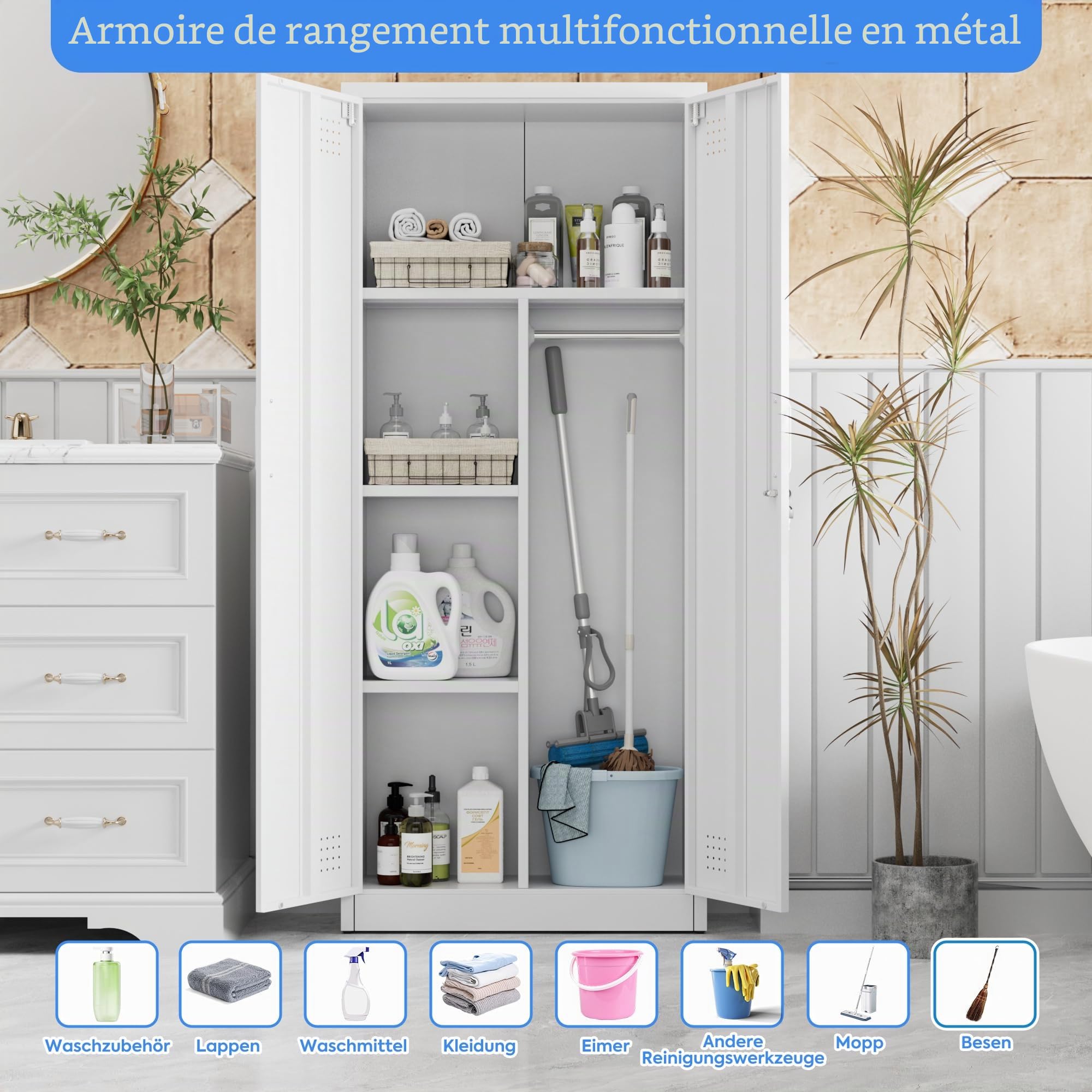 SUPEER Armoire à Balais en Acier avec Ventilation et Fermeture Magnétique, Multifonction pour Aspirateur, Produits de Nettoyage, Linge et Accessoires Ménagers, 70 x 30 x 165 cm, Blanc