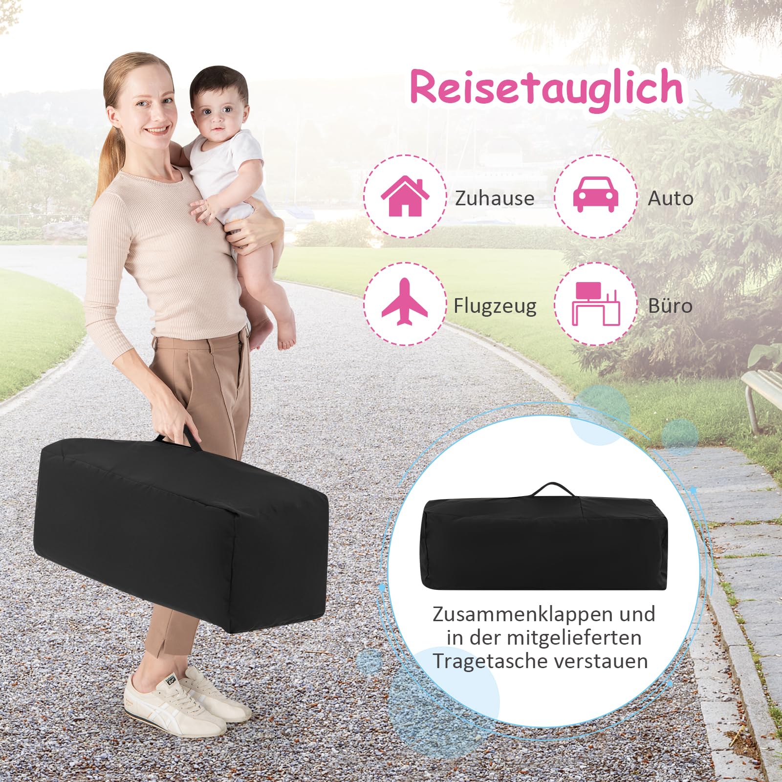 DREAMADE 4 in 1 Kinderreisebett Klappbar, Babybett Höhenverstellbar mit Wickeltisch, Beistellbett mit Tragetasche, für Baby 0-36 Monate
