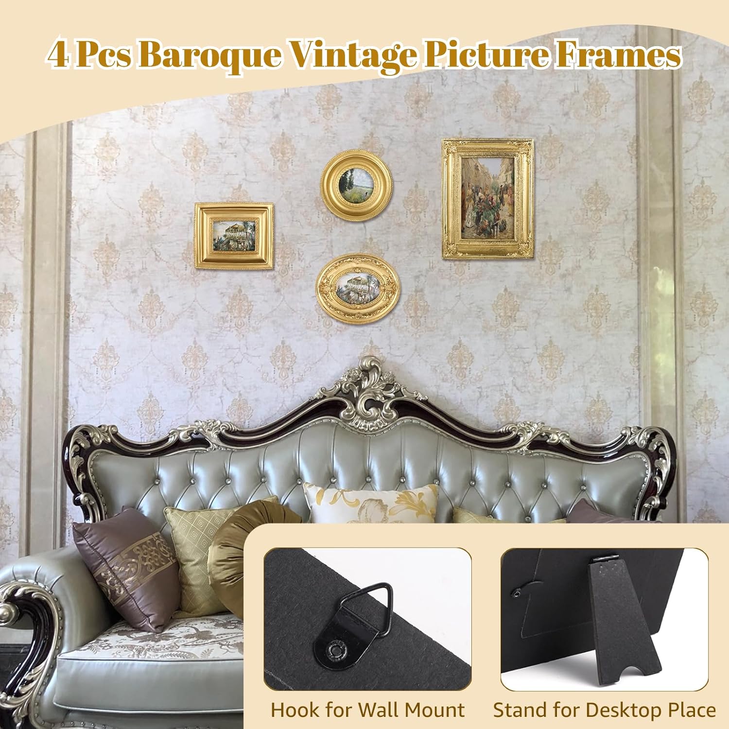 4 Styles Vintage Picture Frames, Small Golden Picture Frames, 4 Sizes Picture Frame 5.5''x4.6''/4.7''x4.7''/5.9''x7.7''/4.5''x5.4'',Collage Wall Mount & Tabletop Photo Display for Gallery Home Decor (Pack of 4)