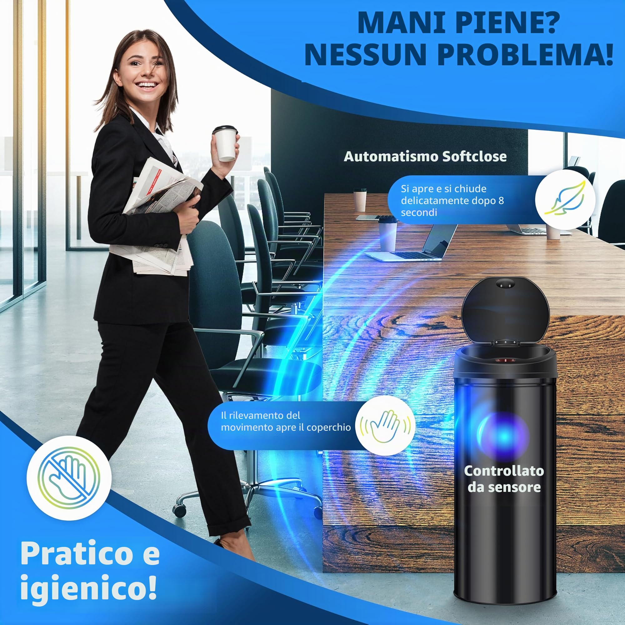 KESSER® Pattumiera con sensore ✓ Automatica ✓ Pattumiera ✓ Rifiuti | Acciaio inossidabile | Colore: nero | Dimensioni: 30 l