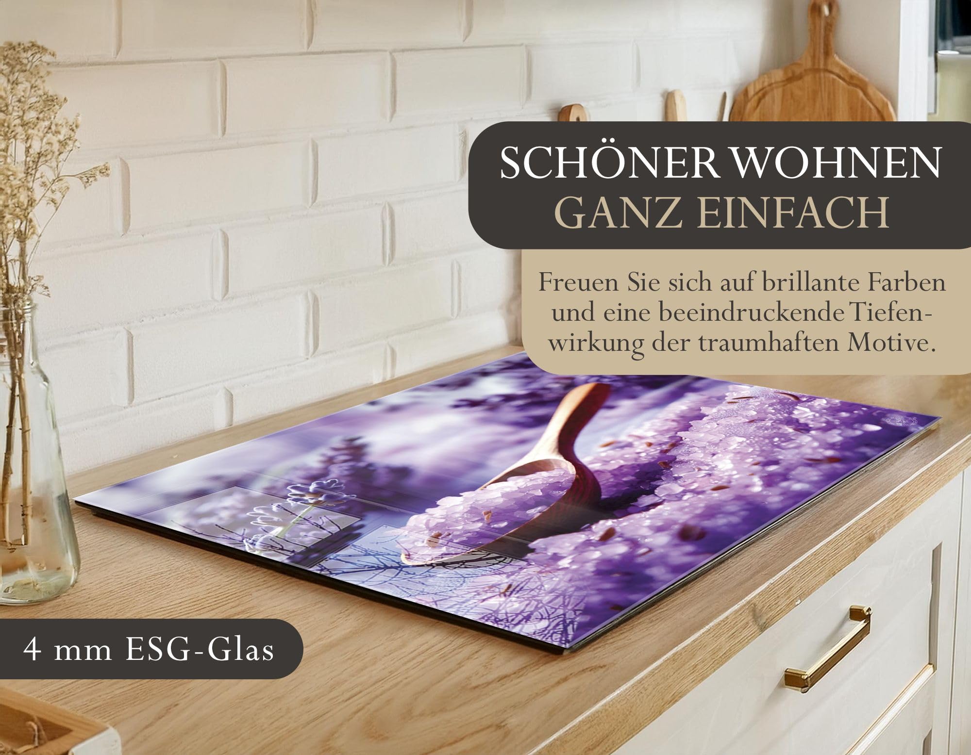 Herdabdeckplatte 80x52 cm einteilig aus 4mm ESG Glas | Lavendel Salzkristalle violett Kristalle, Badesalz, Bad & Spa | Herd Abdeckung Abdeckplatte Induktion Schneidebrett Glasplatte für Ceranfeld