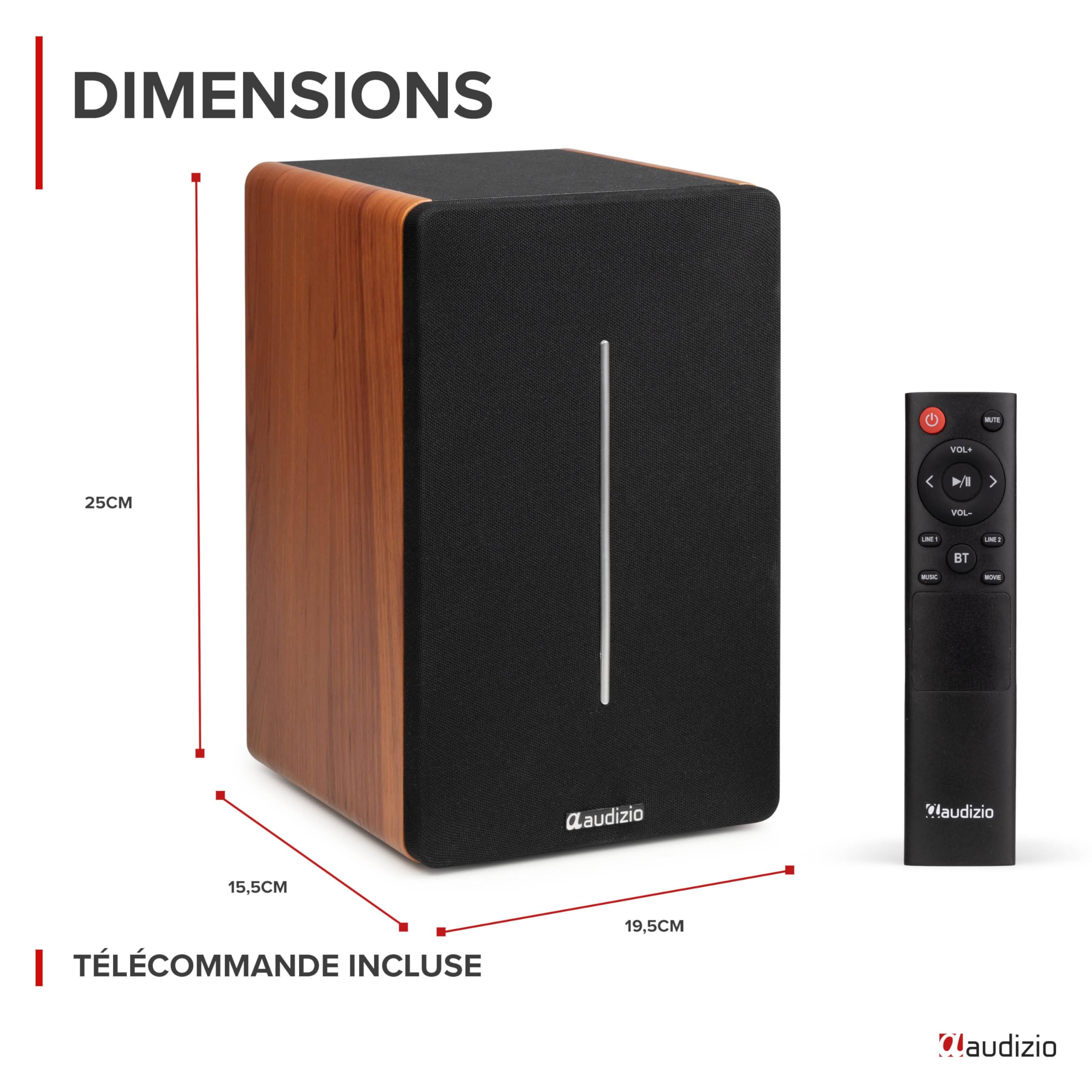 Audizio KS01B - Paire d’Enceintes HiFi Bibliothèque 120 W Finition Bois | BT sans Fil, Entrées RCA/Optique, Design Élégant, Son Clair et Puissant