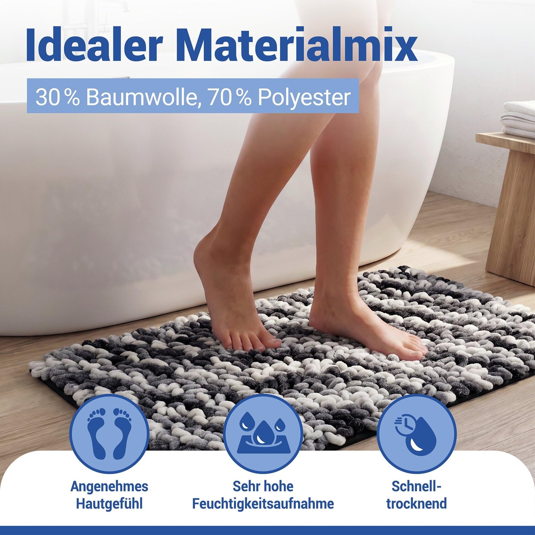 WENKO Badezimmerteppich mit XXL-Schlaufen, 60 x 90 cm, rutschfeste Badematte, schnelltrocknend, saugfähiger Badteppich aus Polyester & Baumwolle, per Hand waschbar, Mod. Lerici, grau-blau