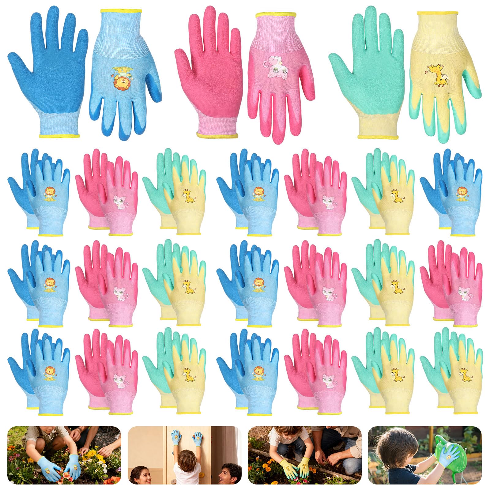 24 paia di guanti da lavoro per bambini, guanti da giardinaggio in tessuto elastico, guanti protettivi per bambini, con rivestimento sul palmo, per fai da te, per lavori domestici, pittura, attività