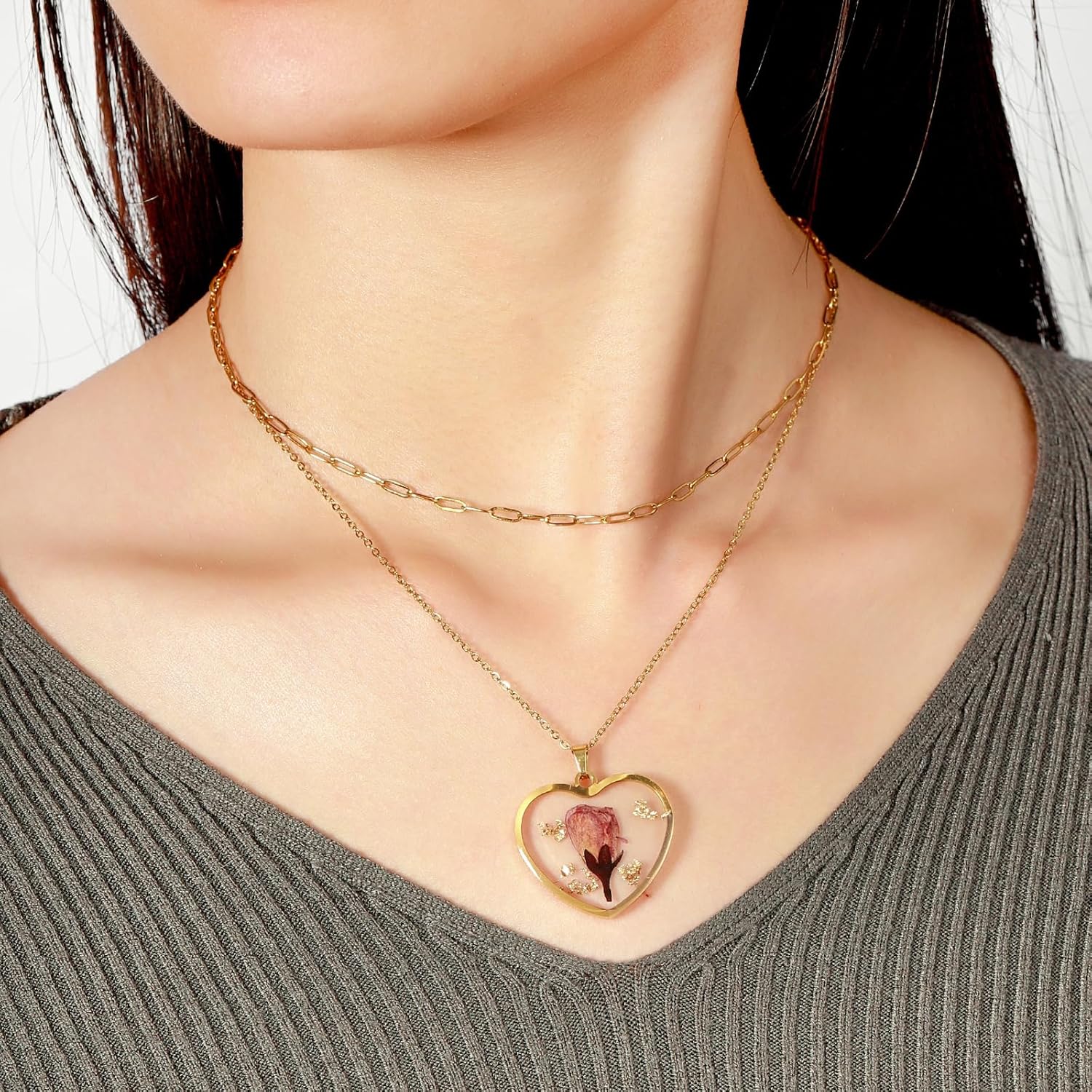 Lit Wall Birth Flower Necklaces for Women Gold 2Pcs 18K Gold Plated Handmade Pressed Flower Necklace Heart Shaped Birth Month Flower Necklace Flower Pendant Necklace Birthday Gifts for Women - Image 3