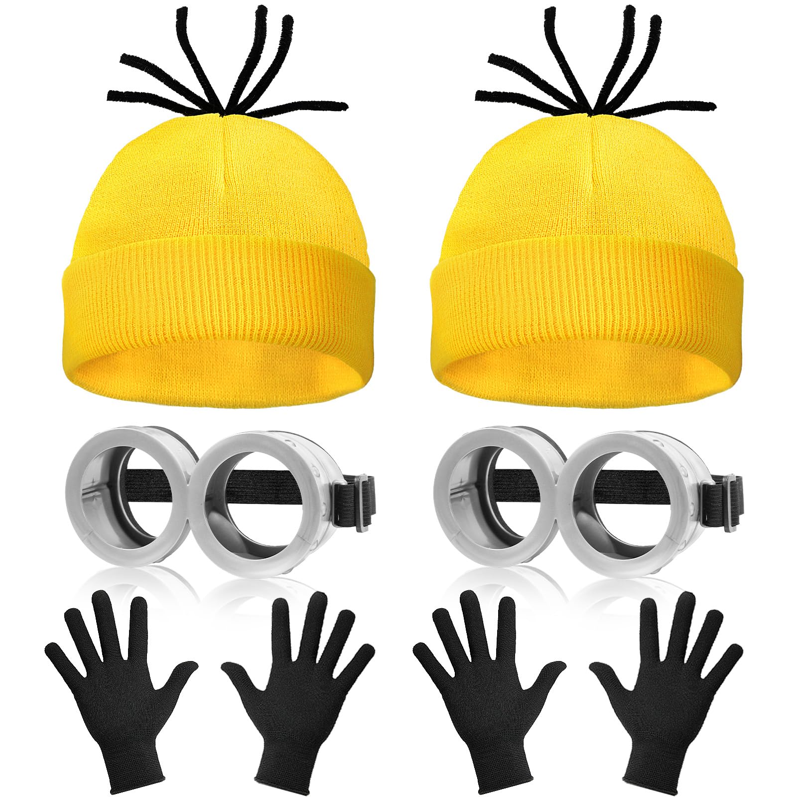 WEARXI Karneval Kostüm Damen, 3/4/6PC Gelbes Kleidung Set, Fasching Kostüm Damen Erwachsene Karnevalskostüm für Party Cosplay für Herren Kinder, Mütze Brille Hosenträger Handschuhe