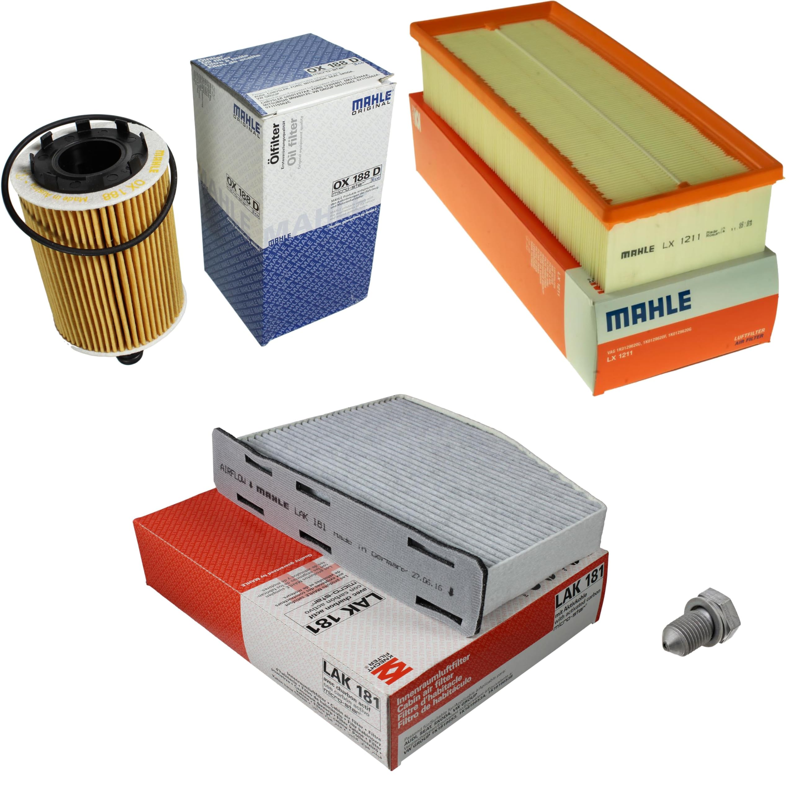 Paquete de inspección Kit de mantenimiento con filtro de aceite OX 188D, filtro de aire LX 1211, filtro de habitáculo (carbón activado) LAK 181, tornillo de cierre
