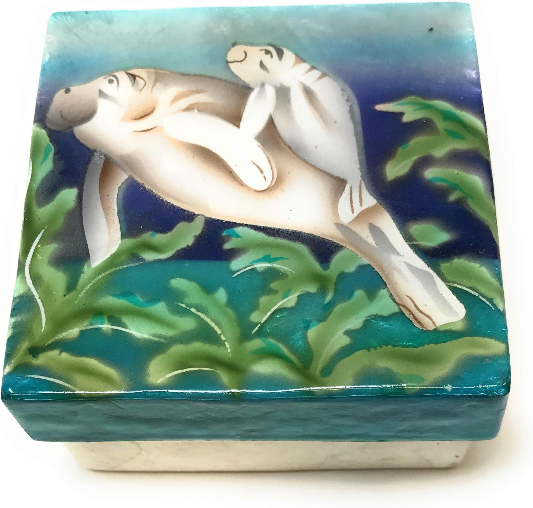 Manatee with Baby Capiz Shell Keepsake Box, 3 Inches X 3 Inches