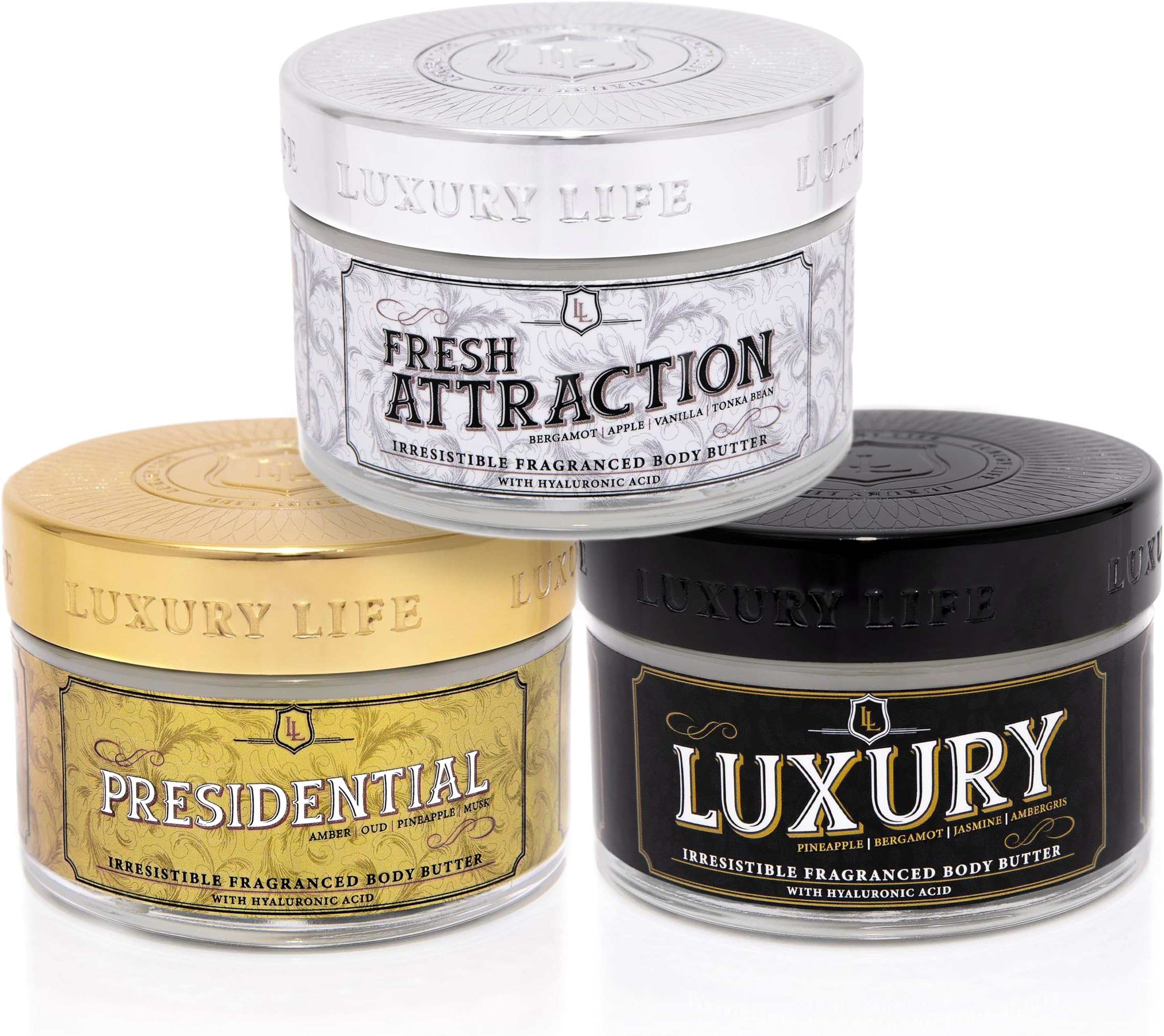 - LUXURY LIFE BUTTER - Irresistibly Scented Body Butter with Hyaluronic Acid for Ultimate Moisture. Hydrates for a Non-Greasy Glamorous Glow (Presidential, Fresh Attraction, Luxury 5 oz)