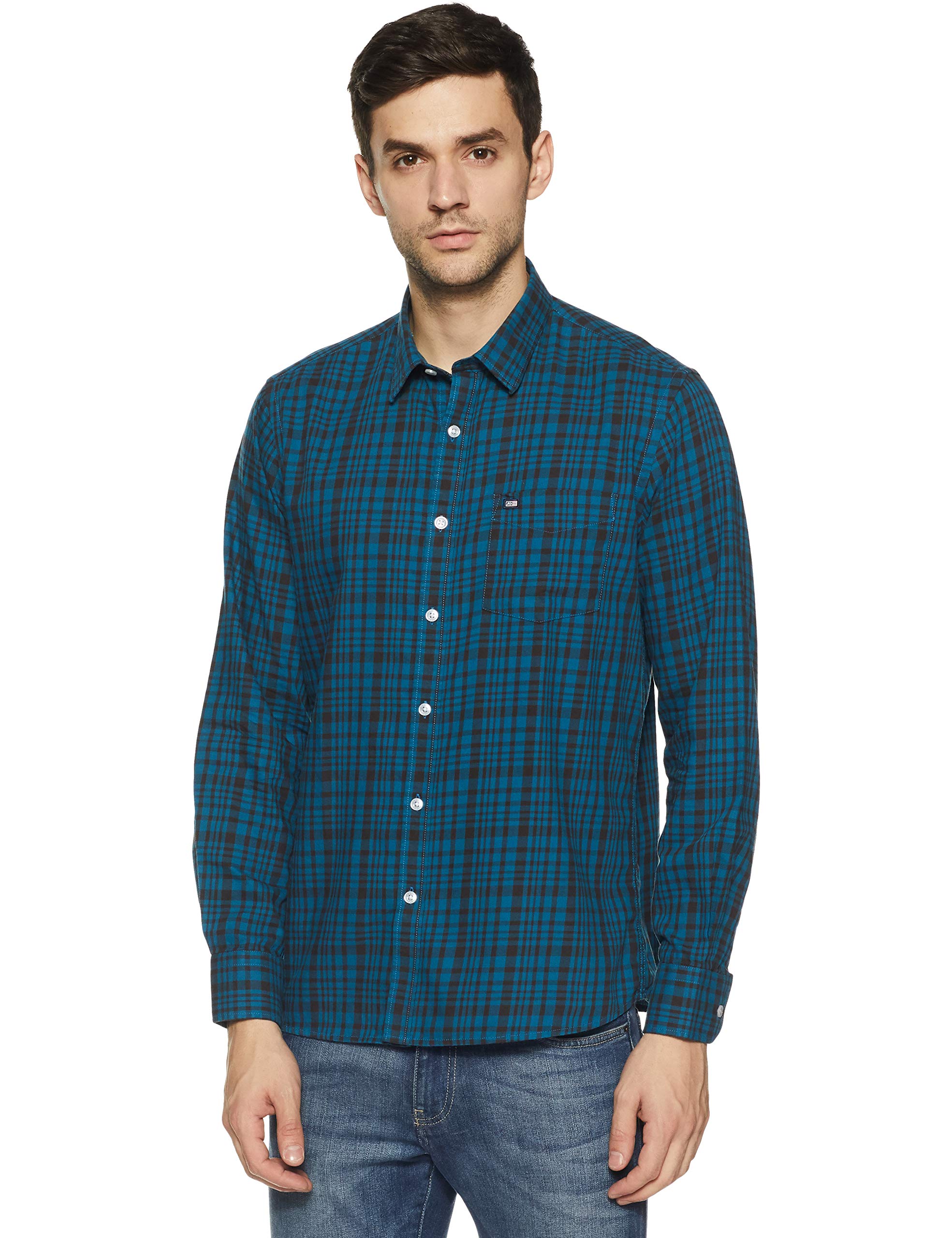 Arrow Sports Men's Checkered Slim Fit Casual Shirt (ASVSH1714_Me. Blue_44FS)
