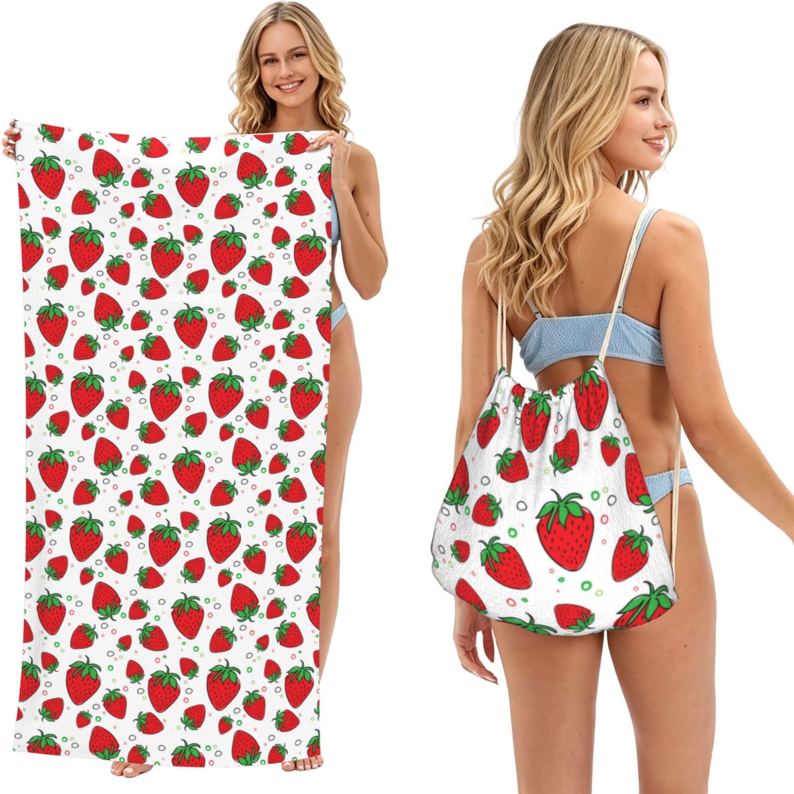 Poadnly As Picture Strawberry, 2 In 1 Packable Towel Bag, Beach Towels With Drawstring Backpack For Travel Holiday Camping