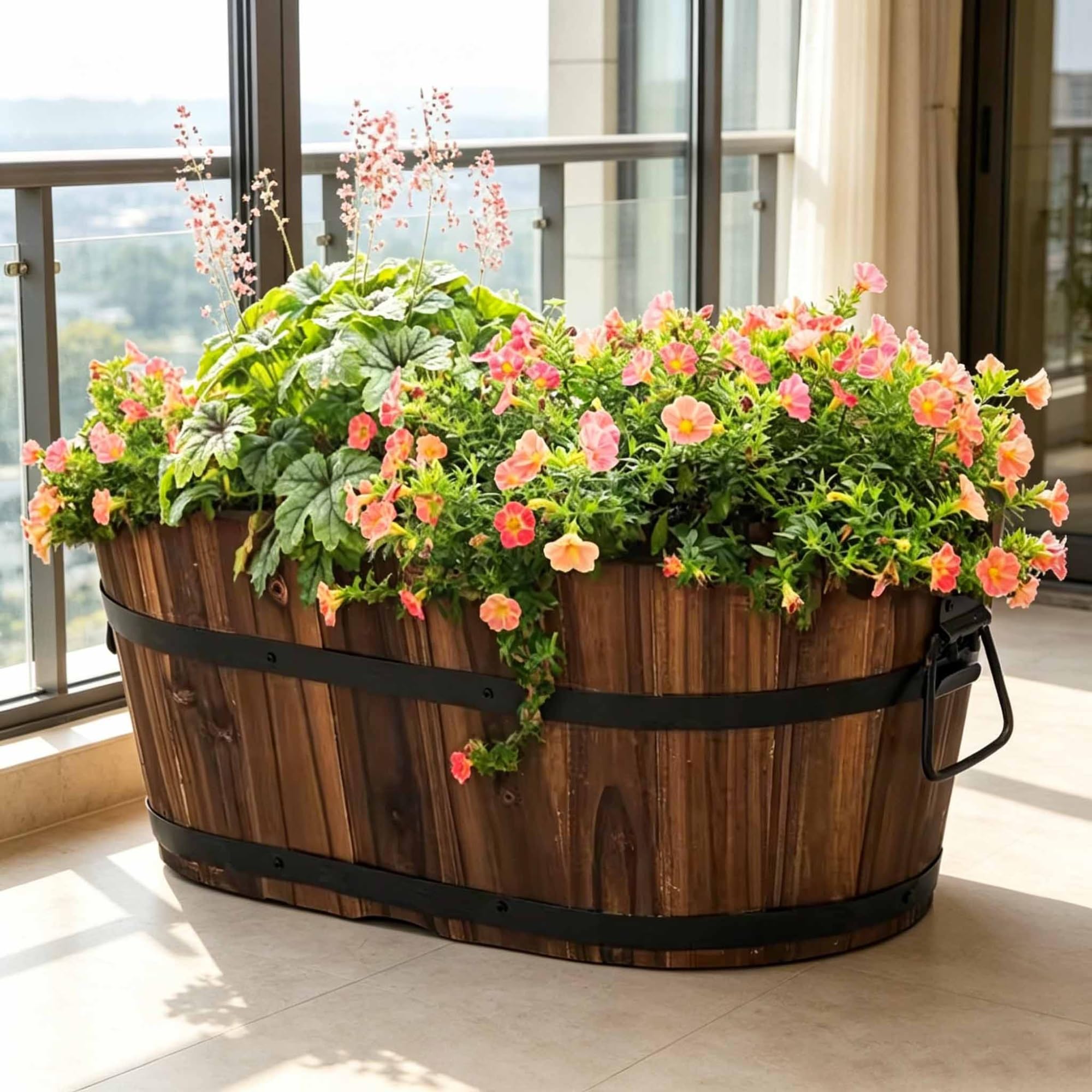 Dalumian Wooden Flower Boxes Outdoor, Whiskey Barrel Planters with Drainage Holes, Garden Container Box with Metal Handles, Suitable for Garden Patio Backyard(Small)