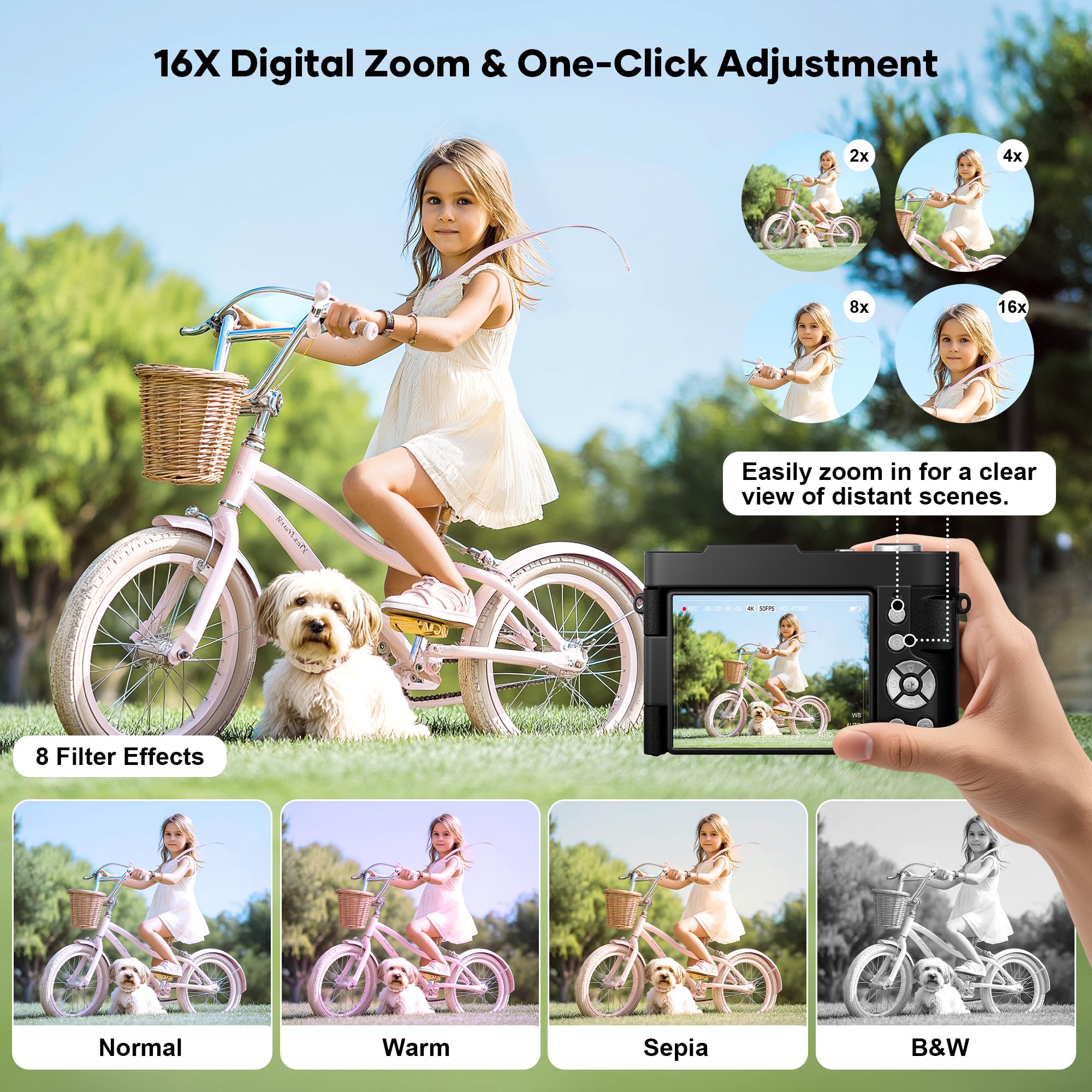 Fotocamera digitale 4K per la fotografia con messa a fuoco automatica, fotocamera da 50 MP con autofocus Vlogging da 2,8 pollici, 180 °, zoom 16x, fotocamere compatte con 64 GB, scheda SD e 2 batterie