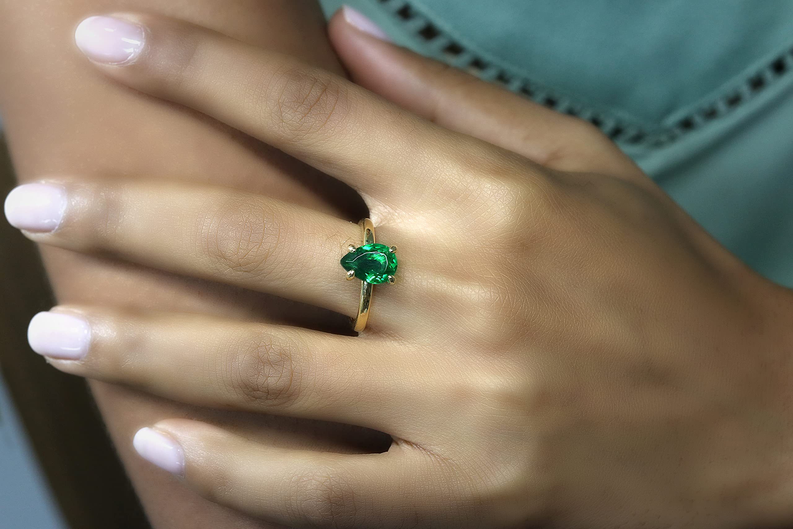 Anillo de Esmeralda Pera Compromiso Boda - Anillo Piedra de Nacimiento Todos los Días - Anillos Artesanales Dainty, Anillos de Promesa Personalizados, Anillos Apilables - Joyería Artesanal para Mujer
