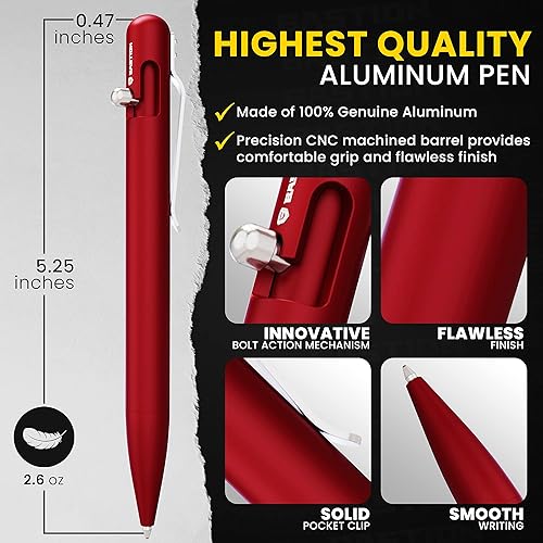 Miniatura 4 de BASTION Bolígrafo de aluminio con 6 recambios de tinta negra de gel, bolígrafo de acción de perno de lujo, cuerpo de metal, punta fina (0.020 in)